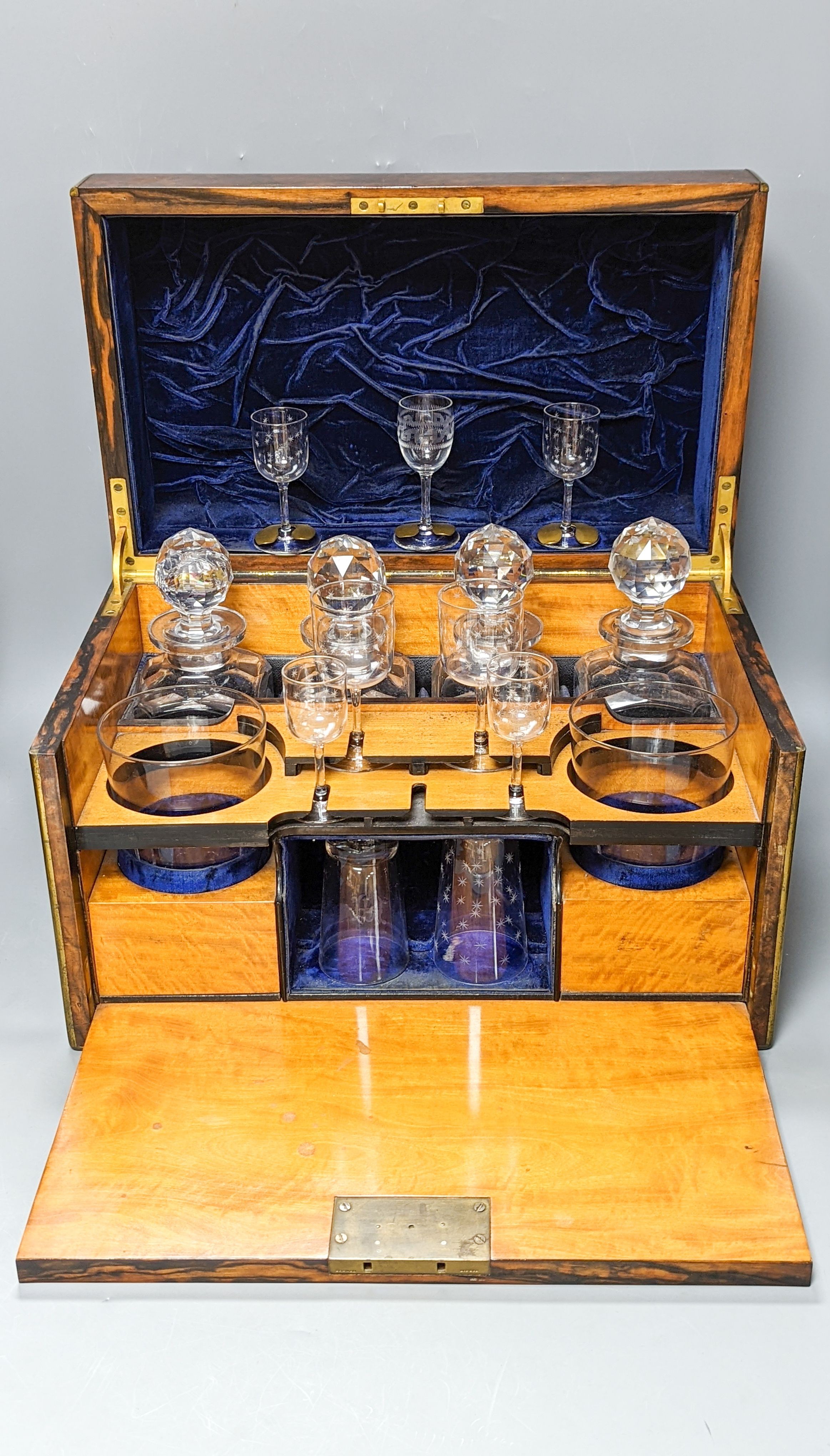 A Victorian burr walnut, ‘satinwood’ and coromandel decanter box 39.5cm